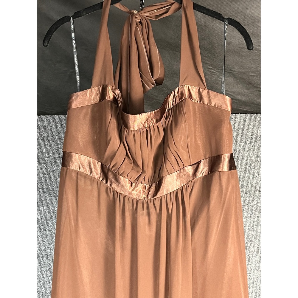 VTG Jessica McClintock Bridal‎ Halter Maxi Dress Brown Satin Trim Formal Size 14 - Picture 2 of 11